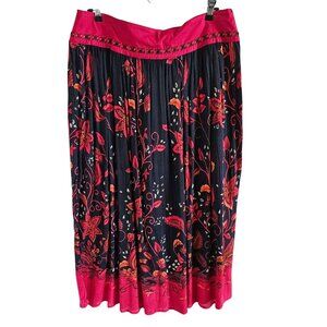 R-Q-T Woman SZ 12 Maxi Skirt Rayon Texture Floral Red Embroidered Yoke Bohemian